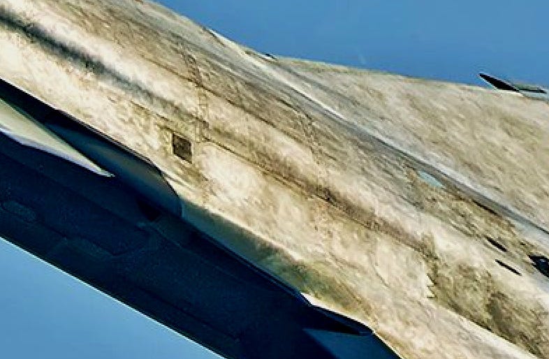 Another clear image of the dorsal/port side of J-20, displaying the suspected gun port panels from a different angle