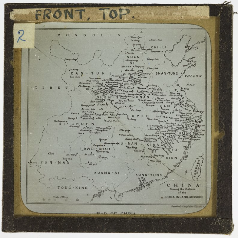 Black-and-white map showing the stations of China inland missions