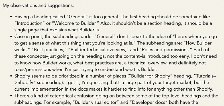 A screenshot from my Builder forum post where I analyzed Builder’s docs.