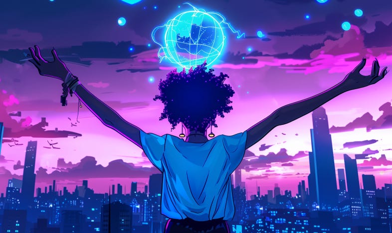 A boy looking over the city with arms raised and spread wide
