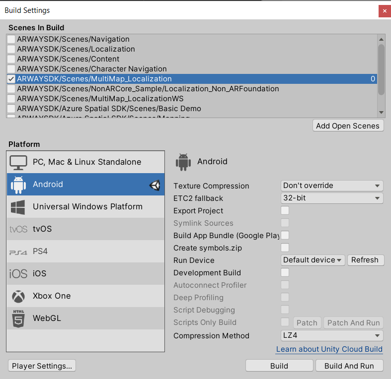 Add scenes to Unity Build Settings