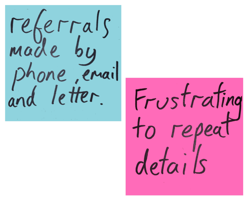 Zoomed-in examples of post-its from above: ‘referrals made by phone, email and letter’ and ‘frustrating to repeat details’