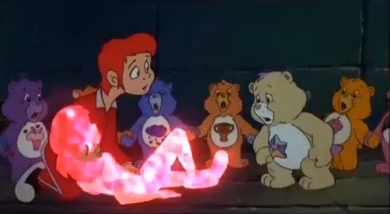 Christy is glowing red, dead, in Darkheart’s arms whilst the Care Bears look on… chanting like mentalists.