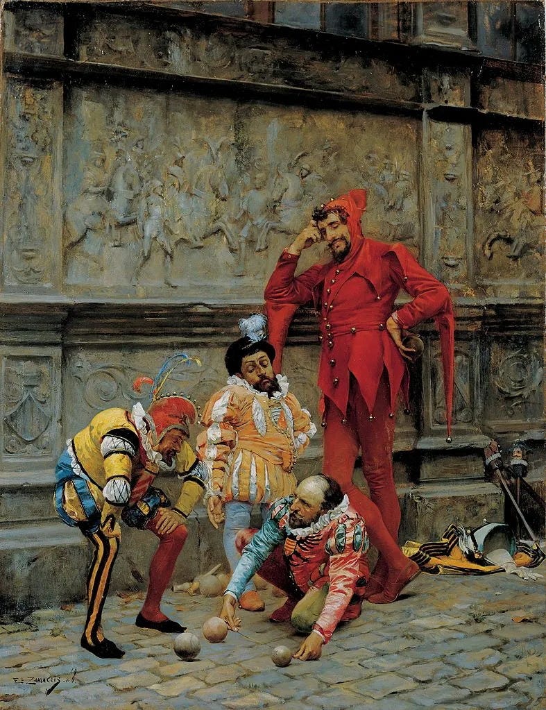 Tableau d’Eduardo Zamacois, “Bouffons jouant au Cochonnet” (au pied d’un mur couvert de sculptures murales chevaleresques un peu comme un bâtiment d’académie royale), 1868, Huile sur panneau du musée des Beaux Arts de Bilbao, Bilbao, Espagne