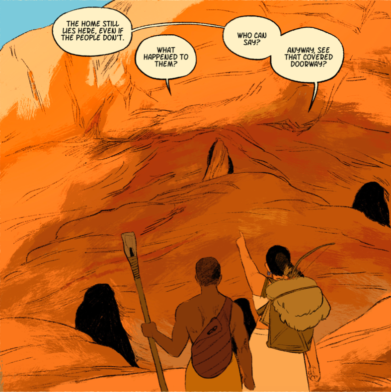 Naihu points out a cave with a blocked entrance to Pitu, who carries a broken spear. They are discussing the first humans.