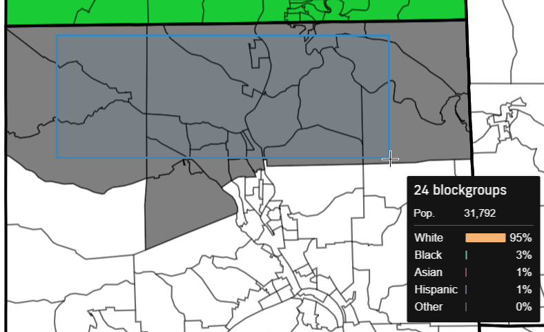 Rectangle hovering over several blockgroups in a map of Pennsylvania