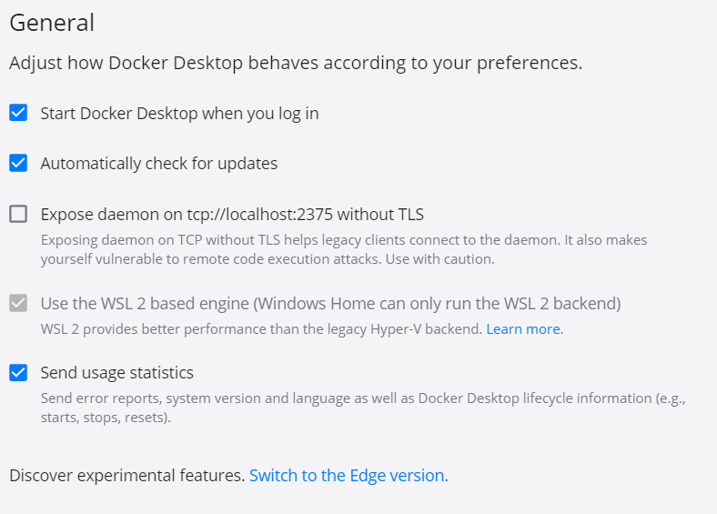 Docker for Windows settings