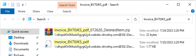 File explorer window showing some malicious files hosted on WebDAV server