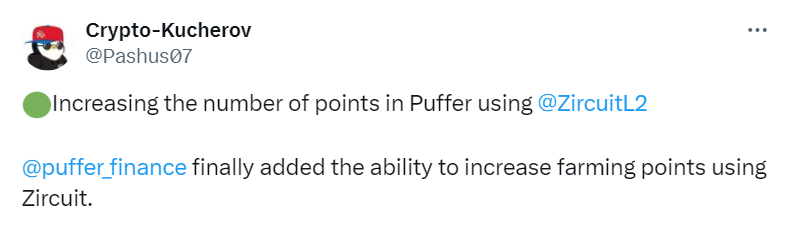 Increasing the number of points in Puffer using @ZircuitL2 @puffer_finance finally added the ability to increase farming points using Zircuit.