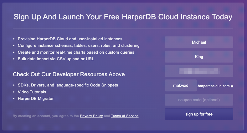The HarperDB Sign Up screen is shown, with the form filled out containing my name, instance URL and email.