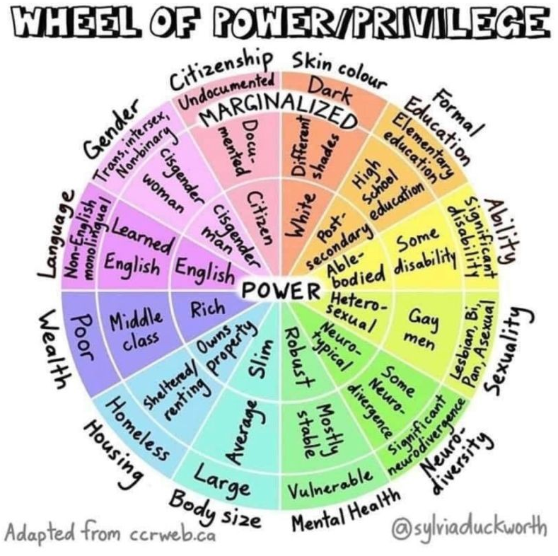 A wheel, or pie shape. Each slice of the pie is an aspect of a person’s identity that associates them with being marginalized or having power.