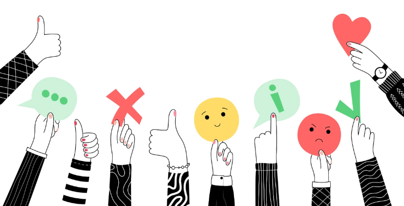 Uma ilustração com mãos levantadas, fazendo sinais positivos, negativos e segurando pequenos emojis felizes e irritados.