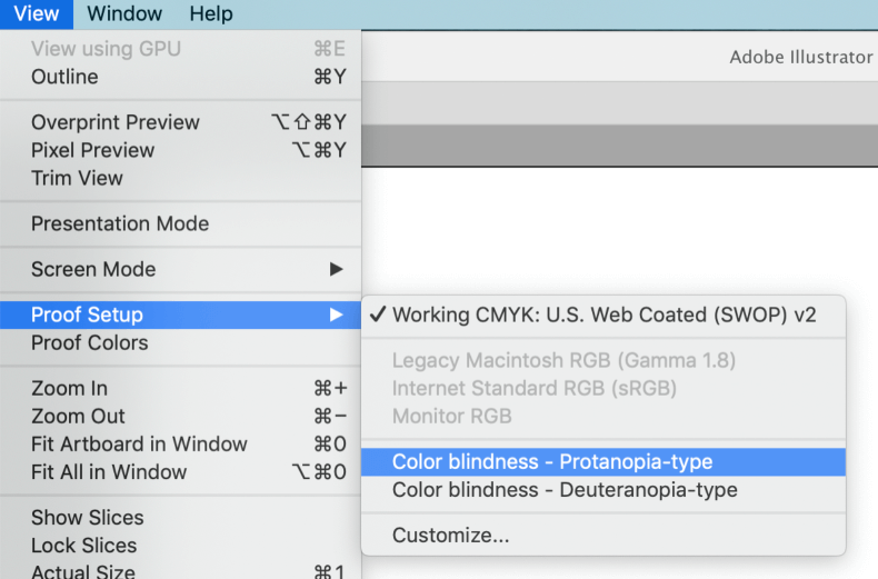 Adobe Illustrator’s color blindness feature.