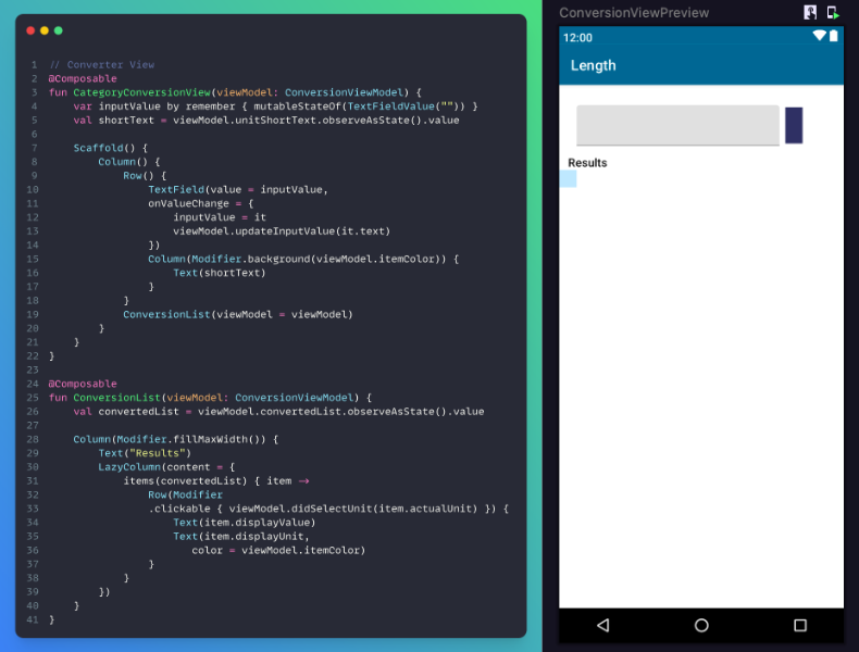 Code Snippet for Converter View layout in Android with Preview example