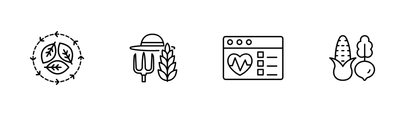 Icons depicting sustainability, farmers, health and vegetables