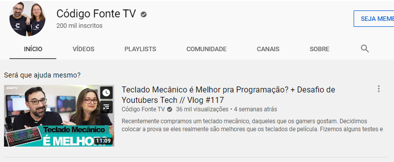 Foto da página inicial do canal CódigoFonteTV no Youtube.