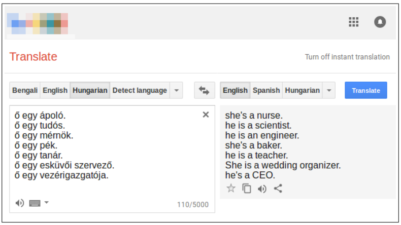 Google Translate screenshot with sexist translations: she’s a nurse, he’s a scientist