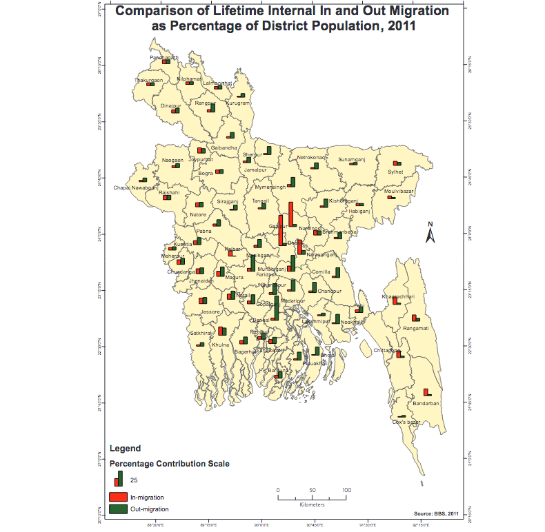 Map from BBS report shows lifetime in-migration and out-migration in Bangladesh