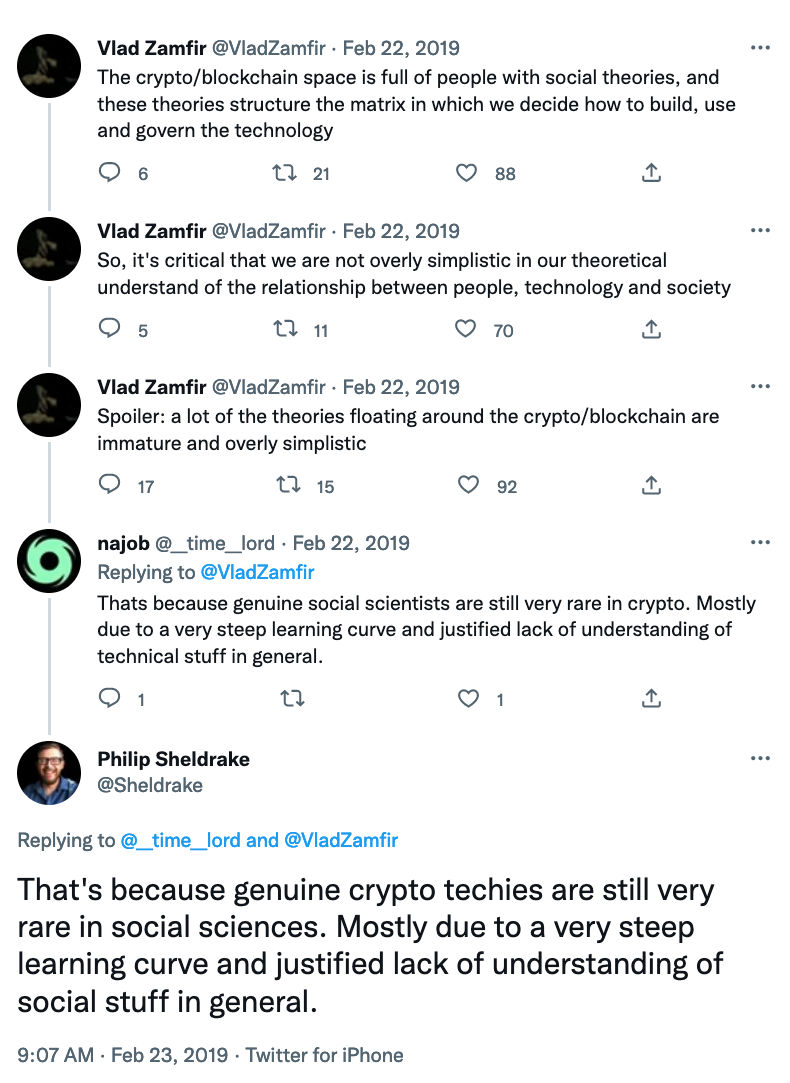 A Twitter exchange started by @VladZamfir stressing the importance of social science. One person responds to say that the tech is hard for social scientists to understand. The author here responds to say that social science is hard for the techies to understand!