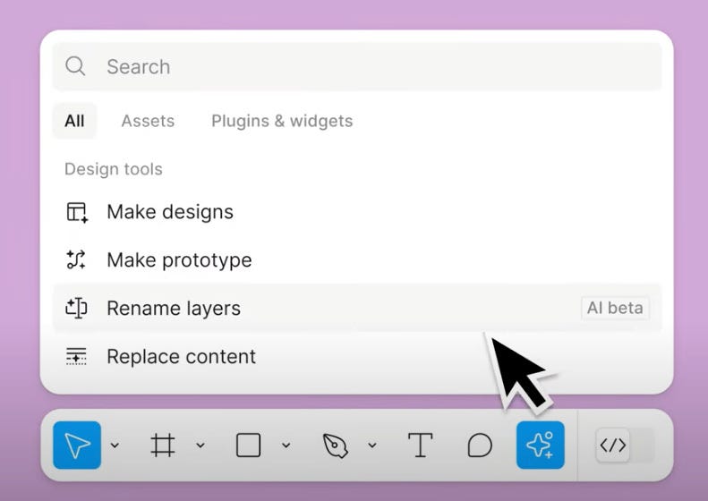 Figma AI feature showing Make design, make prototype, rename layers and replace content