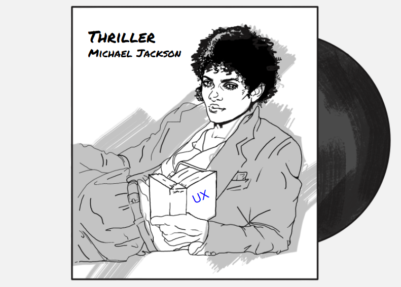 A grayscale sketch of the Thriller album cover modified to show Michael Jackson reading a book with the title UX.