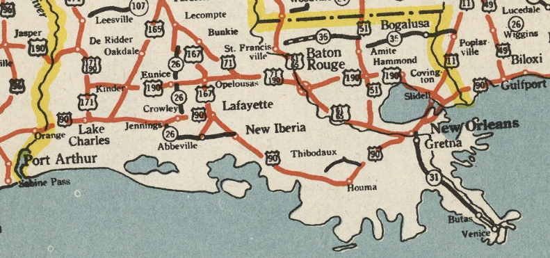 Zoomed in view of Southern Louisiana of “Geographia highway map of the United States” by Alexander Gross (1950), highlighting dusky blue waters and black and red highways