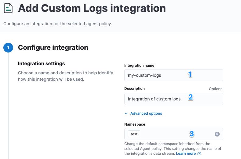 Screen capture of the first part of the Custom Logs integration settings