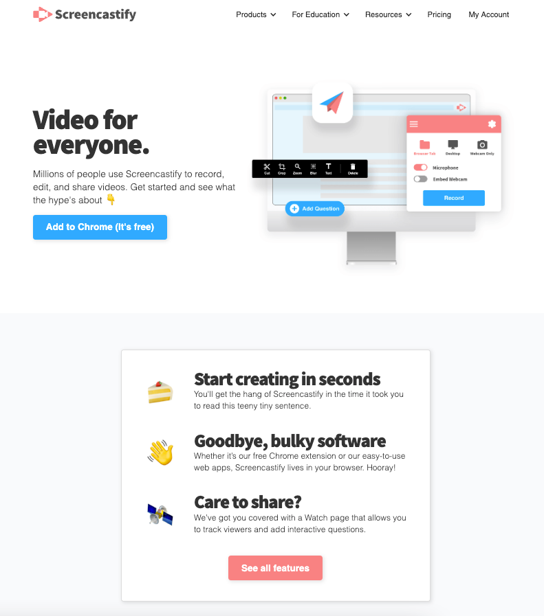 Screencastify’s home page with available features included.