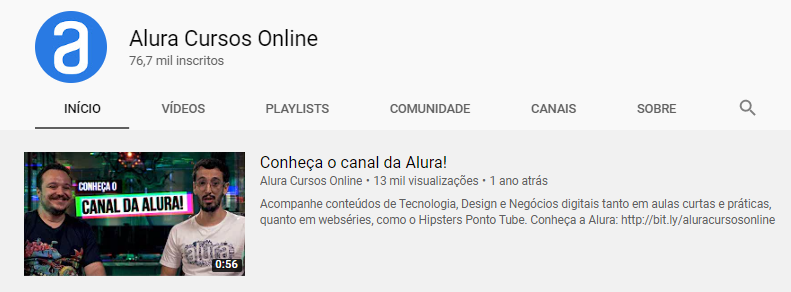 Foto da página inicial do canal Alura Cursos Online no Youtube.