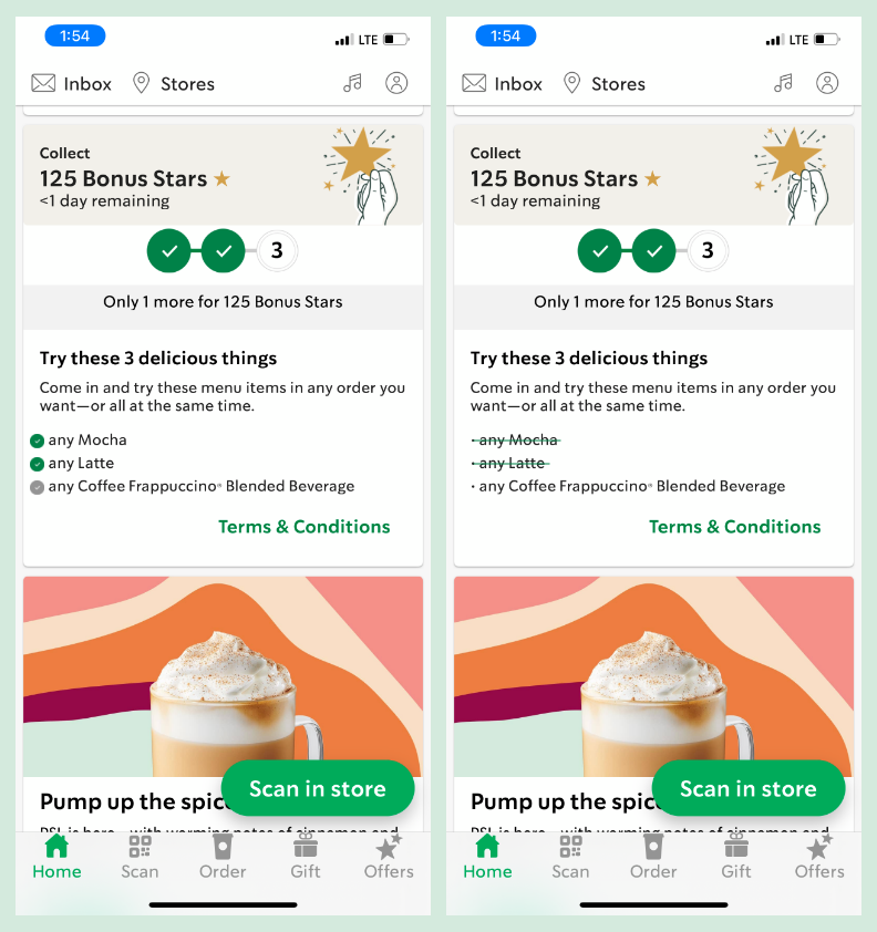 Mockups of screenshots of the Starbucks app featuring a promotion for 125 bonus stars for purchasing three specific items