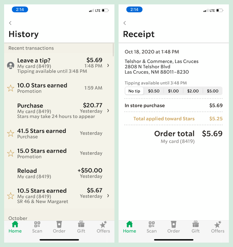 Screenshot of Starbucks app purchase history and receipts