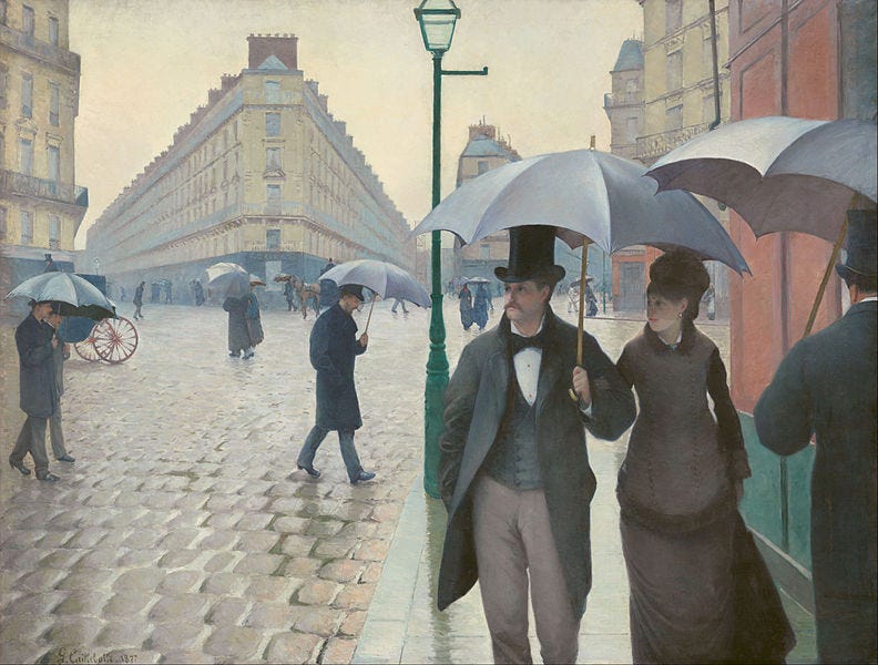 A painting of late 19th century Parisians walking along a street carrying umbrellas.