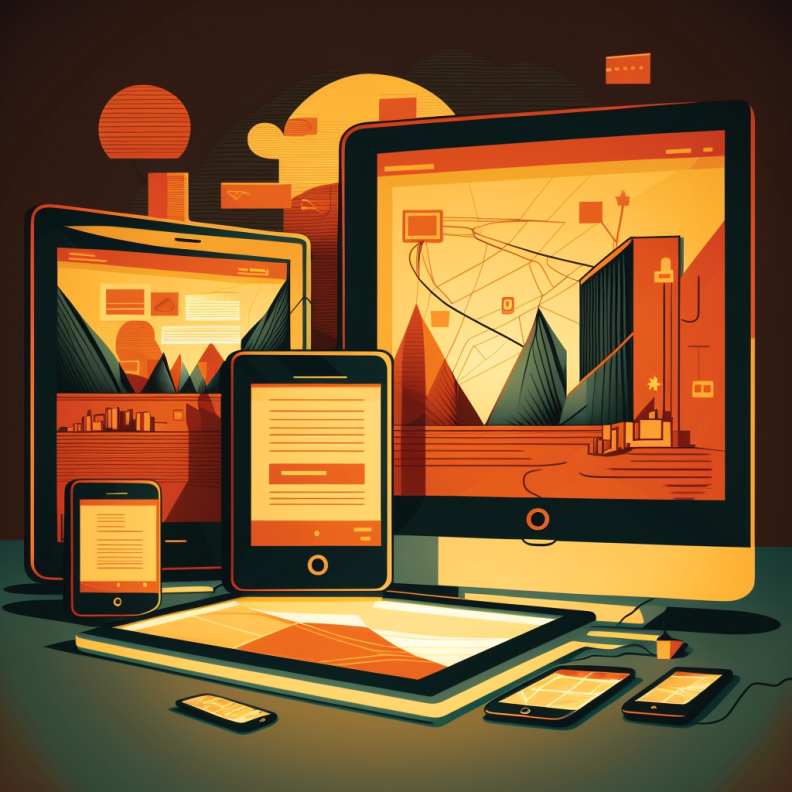 An illustration of a website appearing on various devices of different sizes and shapes