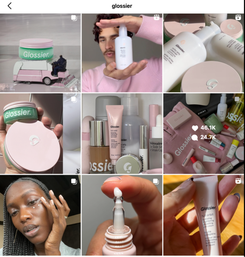 https://www.instagram.com/glossier/ Glossier’s instagram photo grid.