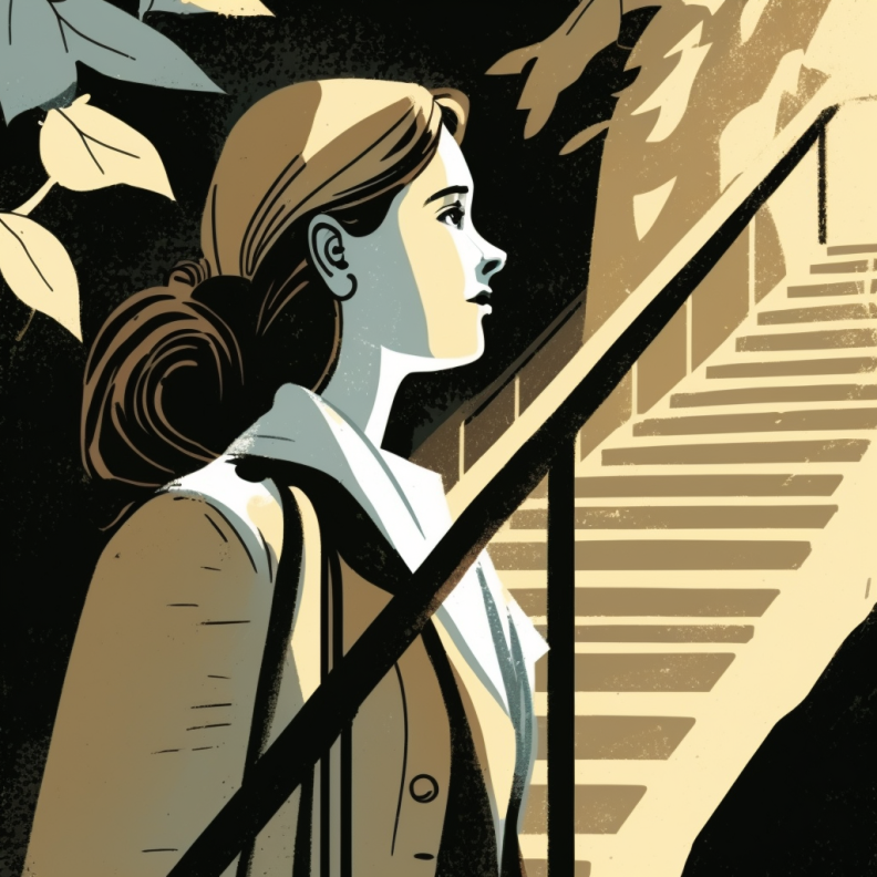 Modern illustration of woman on a set of stairs looking up toward the top wistfully