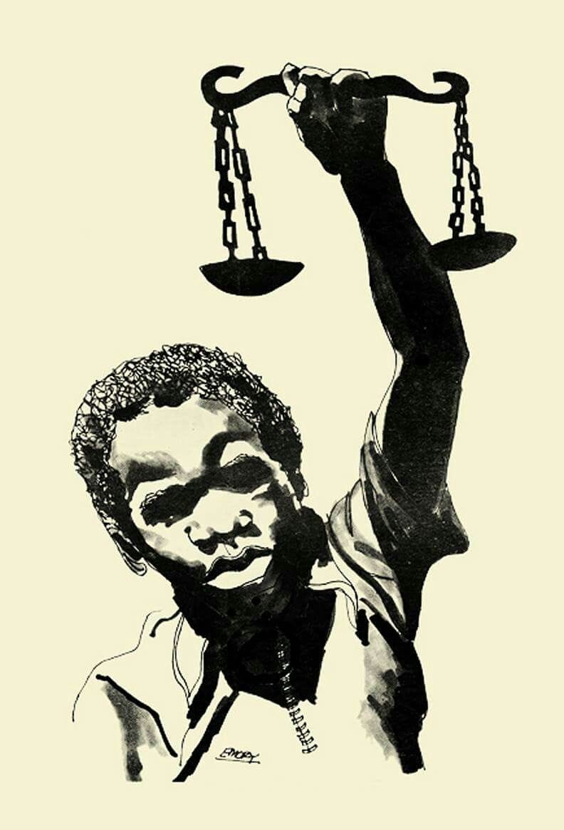Menino preto ergue uma balança. Ilustração de Emory Douglas, 1976.