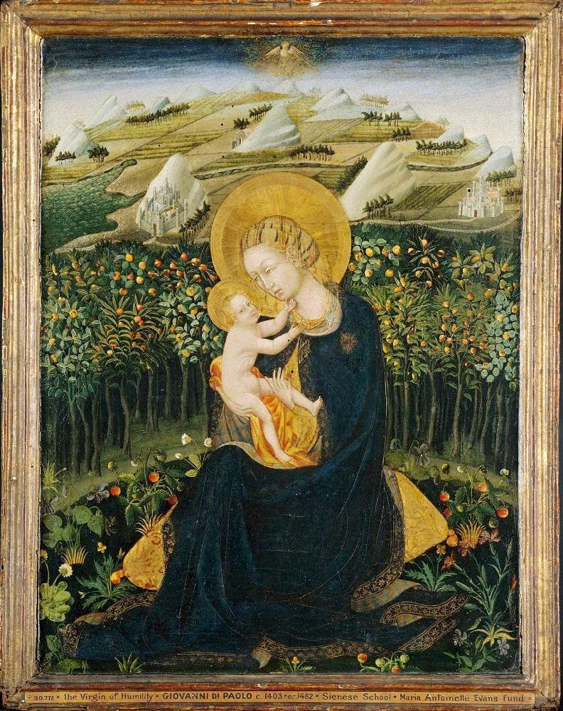 “The Madonna of Humility” by Giovanni di Paolo is a striking example of early Renaissance art that emphasizes spiritual significance over spatial accuracy. The Virgin Mary is depicted seated lowly upon the ground, a gesture to her humility, with the Christ Child in her arms. The painting’s background, with its gentle hills and structured landscape, eschews depth for a flatter, more symbolic representation. This work reflects the transitional period in art before the full adoption of linear persp