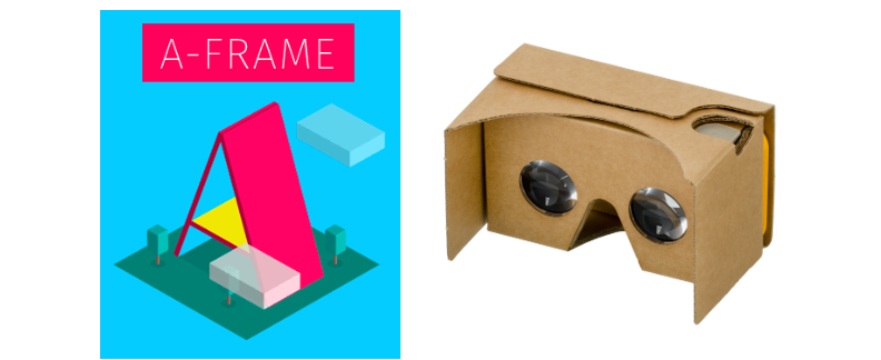 This photo includes a photo of the A-Frame logo and cardboard glasses which can be used for VR.