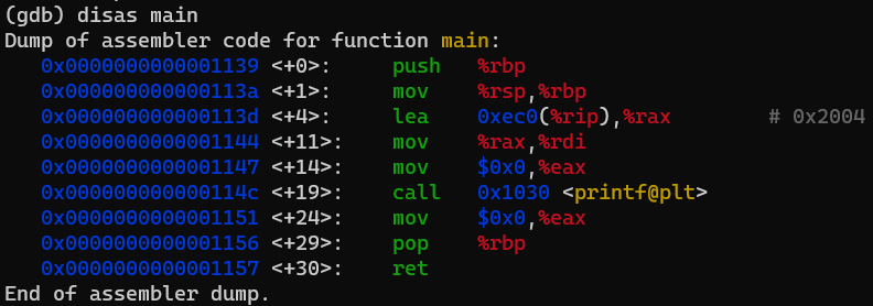 Disassembly for main() of the hello world program