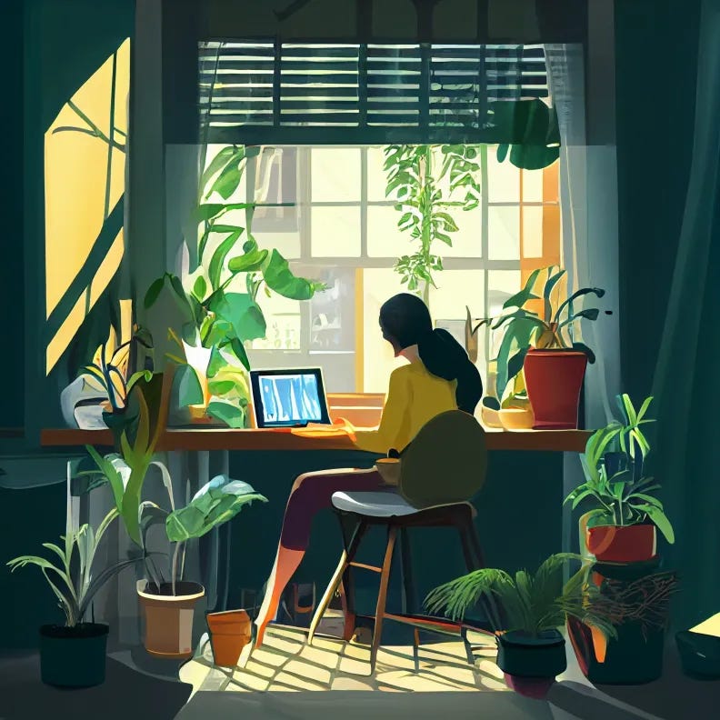 Woman in athleisure attire sitting at a desk in a home office with a large window. She is surrounded by plants and works peacefully on a laptop.