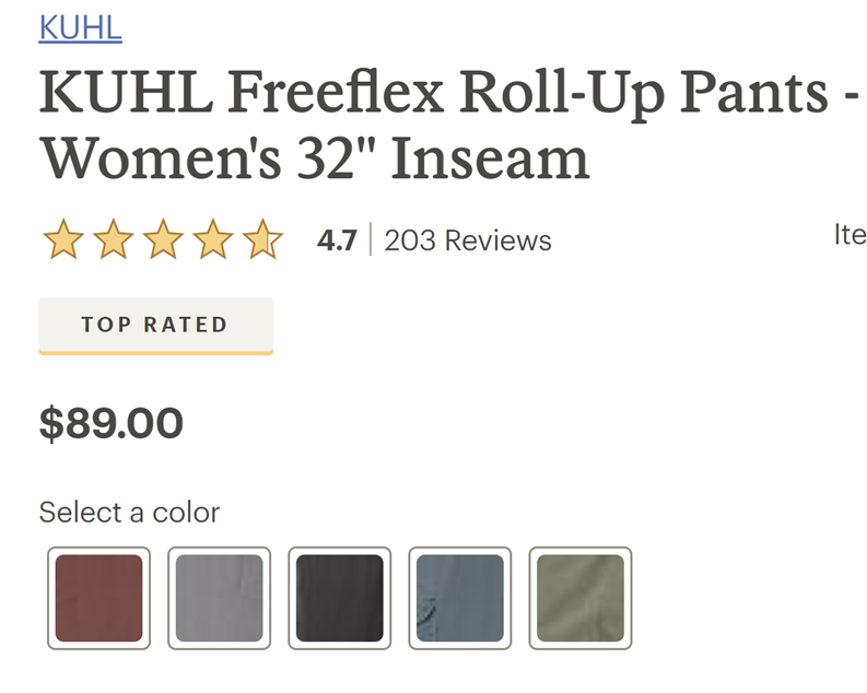 REI’s product page showing the product title, rating stars, price, and the color options: red, grey, dark grey, blue, and green.