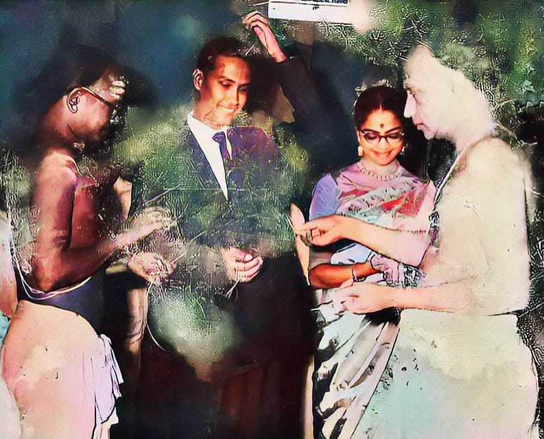 A colorized, black-and-white picture, somewhat damaged, shows a couple, getting married, the man in a business suit, and the woman in sari. Both are smiling as two Hindu priests, shirtless with loincloths perform a wedding ceremony.