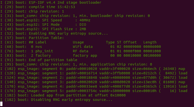 ESP-IDF Logging: set log level at No output console output screenshot