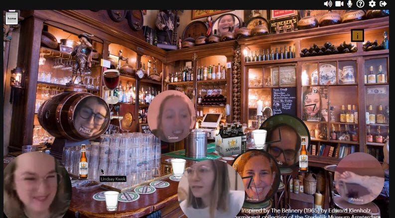 Image shows close up of bar counter, crowded with drinks and cups and bottles and plates, overlayed with bubbles of faces clearly post-edited. Bottom right of image contains text: “ Inspired by The Beanery (1965) by Edward Kienholz”