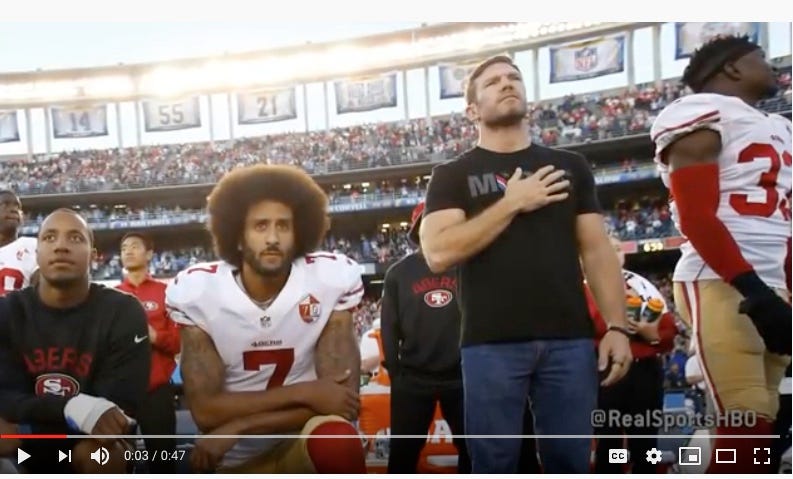 Nate Boyer and Colin Kaepernick during national anthem