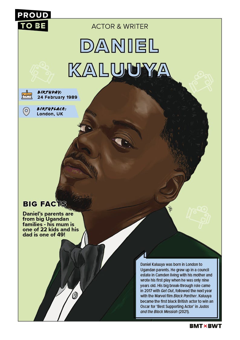 A factsheet on Daniel Kaluuya detailing his age, Ugandan heritage and facts such as his parents being from large families of 22 and 49 children.