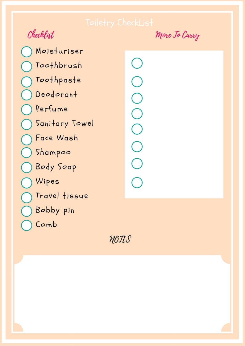 Toiletry Bag checklist