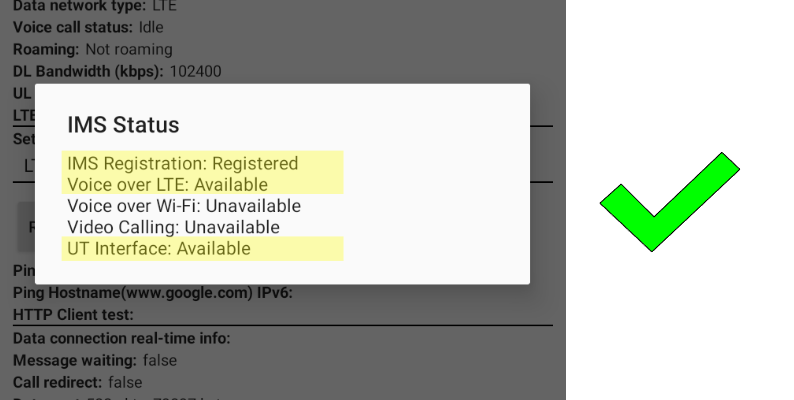 Android IMS Status — IMS Registration: Registered, Voice over LTE: Available