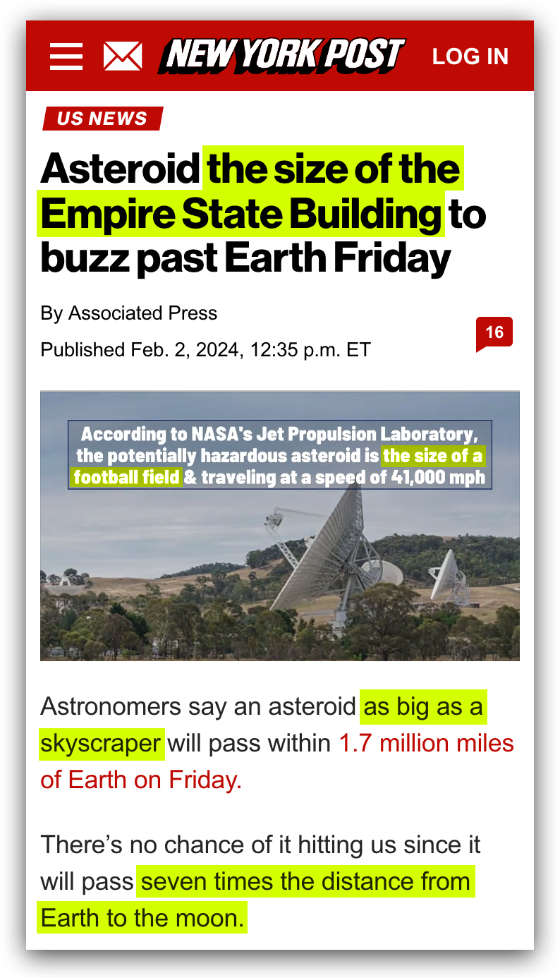 New York Post: “Asteroid the size of the Empire State Building to buzz past Earth Friday. According to NASA’s Jet Propulsion Laboratory, the potential hazardous asteroid is the size of a football field & travelling at a speed of 41,000 mph. Astronomers say an asteroid as big as a skyscraper will pass within 1.7 million miles of Earth on Friday. There’s no chance of it hitting us since it will pass seven times the distance from Earth to the moon.”