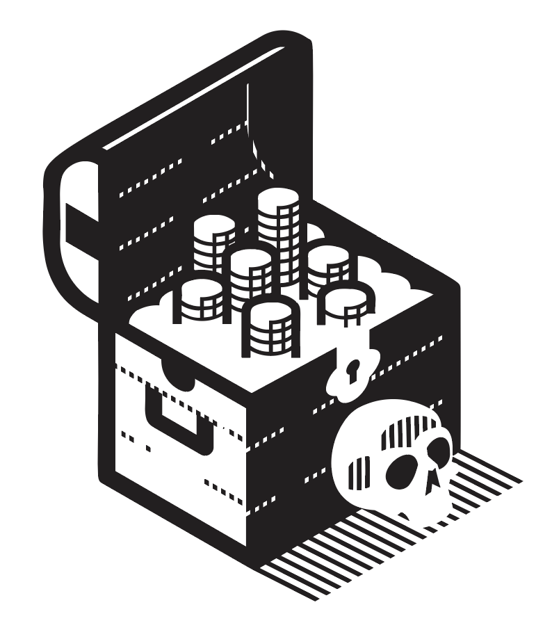 A black and white illustration of a treasure chest filled with coins behind a small skull.